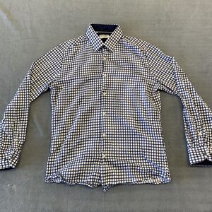 Duchamp London Dress Shirt Mens 16 Blue Check Tailored Fit Stretch Long Sleeve